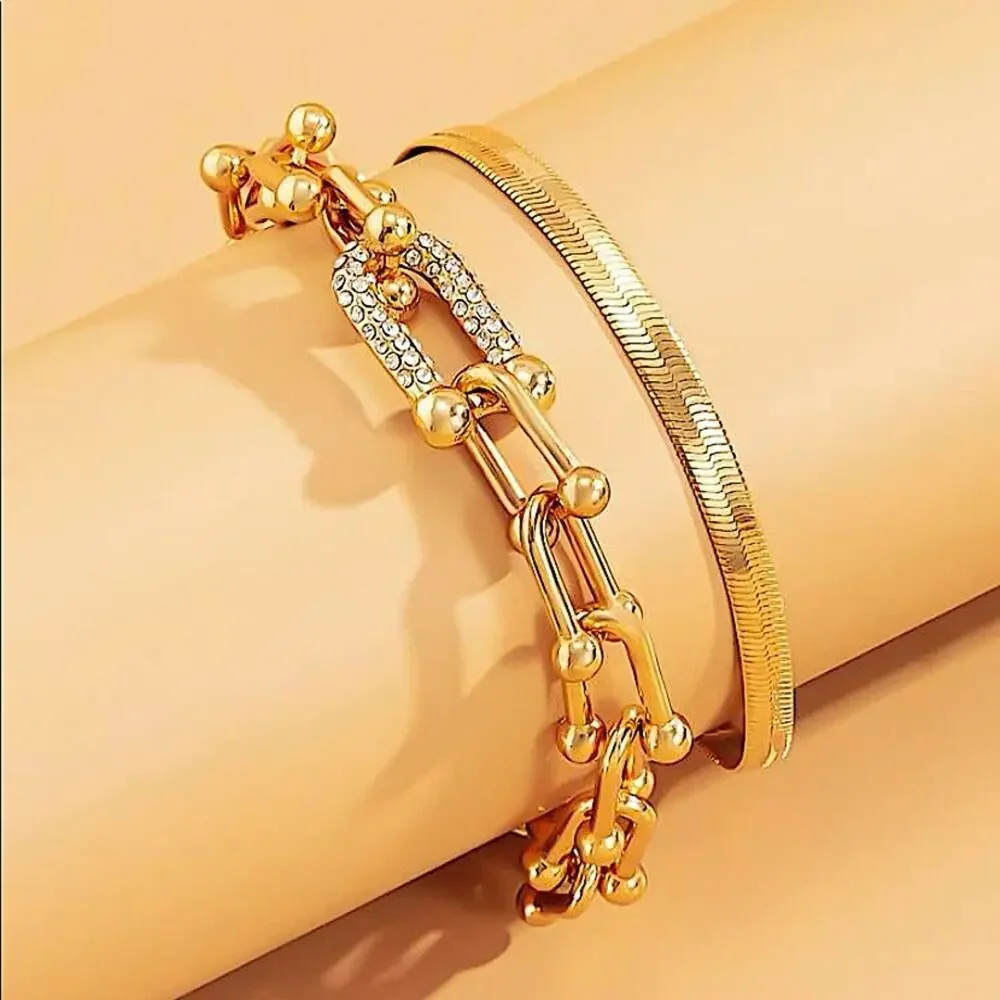 GOLD RHINESTONE U LINK BRACELET 2 PIECE BRACELET SET